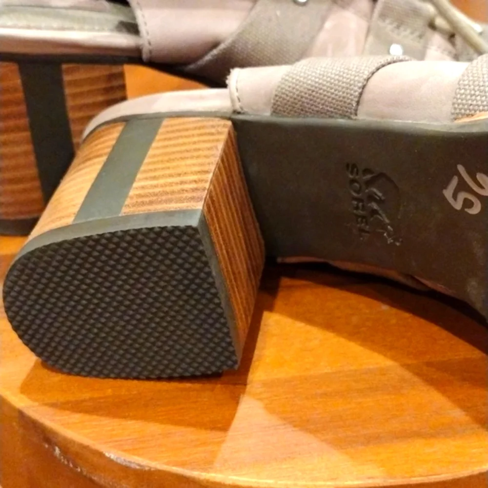 Tan Leather Chunky Wedges Size 8 Sorel Block Heels Canvas NWOT - Picture 9 of 10